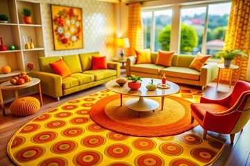 Obraz premium Vibrant Circle Spot Yellow Printed Carpets with Orange Accents in Tilt-Shift Photography for Home Decor and Interior Design Inspiration