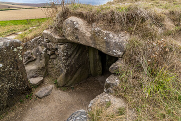 Entrance to the West Kennet Long Barrow ancient monument burial chamber near Avebury in Wiltshire,...