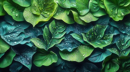 Fototapeta premium refreshing green leaves bursting with water droplets, captured in a dynamic cut-out style, emphasizing the vibrancy of nature with bright greens and the playful movement of water