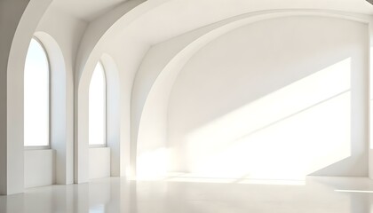 Fototapeta premium A minimalist, bright, and airy interior with white arched walls and a smooth, reflective floor