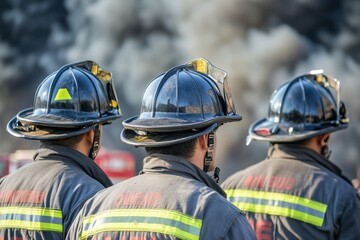 Three firefighters in black helmets and reflective gear face a large cloud of smoke, prepared for action.