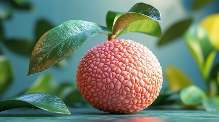 Obraz premium A single pink lychee fruit with green leaves on a green background.