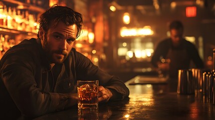 Man sits alone at a dimly lit bar holding a glass of whiskey, reflecting on alcohol consumption in a quiet, introspective bar setting.