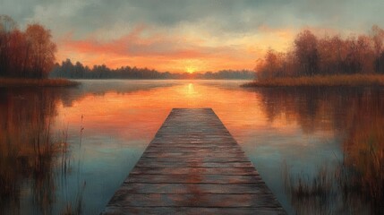 Fototapeta premium relaxing morning at a serene lake with a dock at sunrise, creating a tranquil scene filled with soft hues of orange and pink reflecting on the water, inviting peaceful contemplation