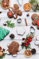 Festive Holiday Gingerbread Cookies and Decorations Flat Lay