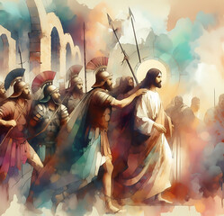 Abstract Bliblical illustration. Watercolour Painting and Illustrattion Jesus was arrested and taken away by Roman soldiers. Judas Iscariot betrayed Jesus Christ	