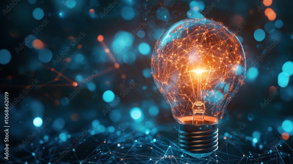 Poster glowing light bulb on abstract blue background with connection lines. 3d rendering - generated ai