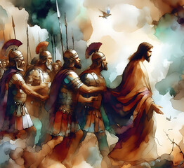 Fototapeta premium Abstract Bliblical illustration. Watercolour Painting and Illustrattion Jesus was arrested and taken away by Roman soldiers. Judas Iscariot betrayed Jesus Christ 