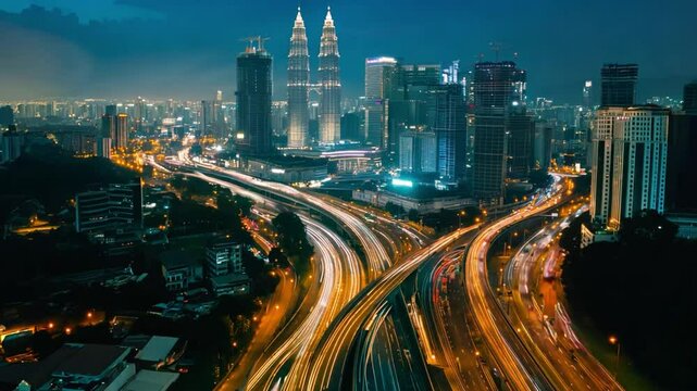 A city at night with a lot of traffic and tall buildings. The city is lit up with lights and the sky is cloudy