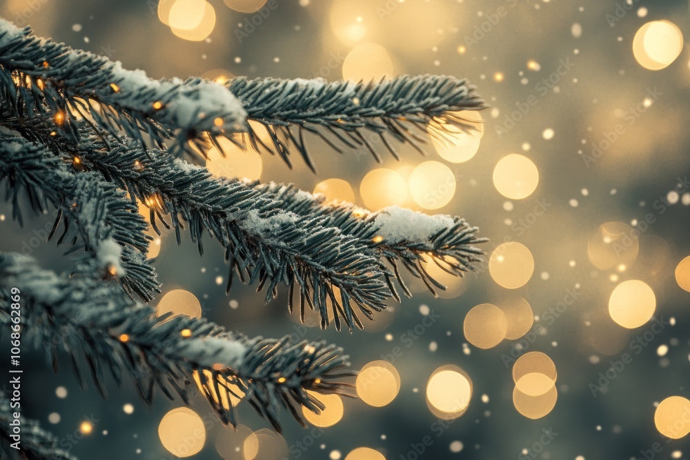 Poster fir tree branch covered with snow and lights bokeh background - generated ai