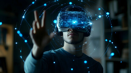 Businessperson exploring virtual metaverse with holographic global network connections and AI technology    