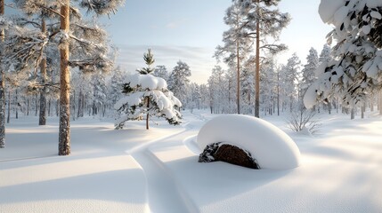 Snowy Forest Scene with Evergreen Trees
