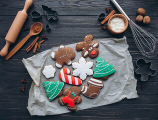 Festive Christmas Cookies and Baking Tools on Rustic Background