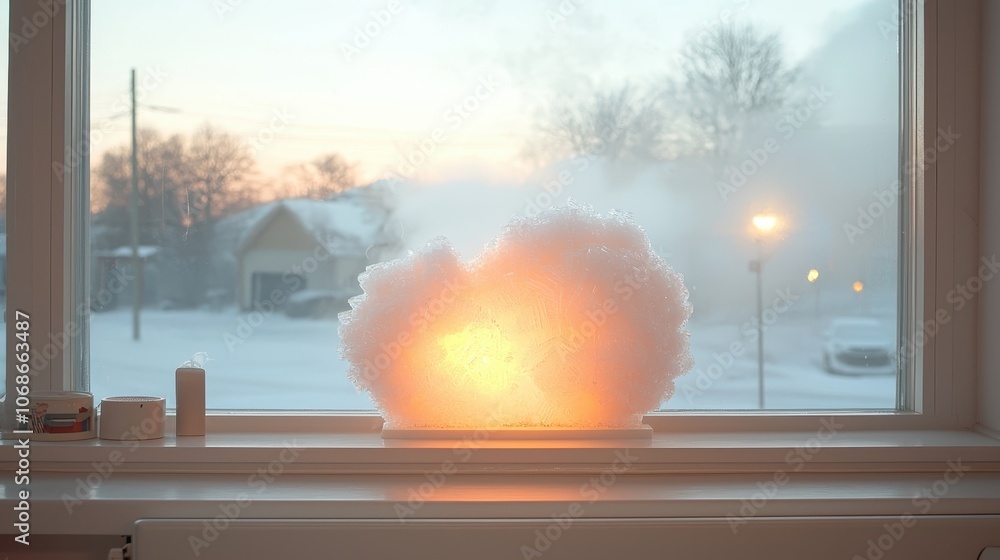 Poster frosted window pane with beautiful ice patterns