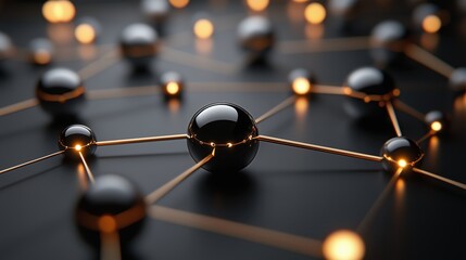 Close-up of connected black spheres with glowing nodes, symbolizing a futuristic network or technology concept.
