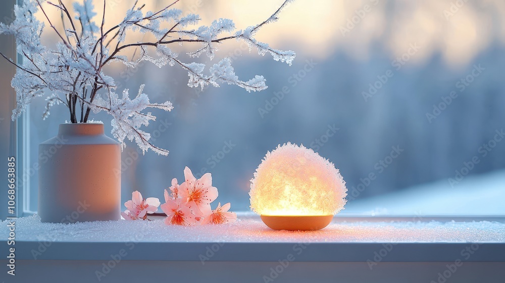 Poster frosty window with crystalline patterns and soft light