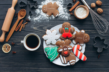 Festive Gingerbread Cookies with Coffee and Baking Ingredients
