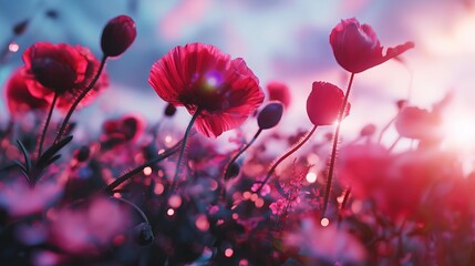 Fototapeta premium Fiery Red Poppy Flowers Swaying in a Field