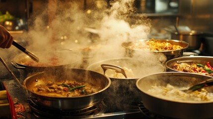 Steaming Hot Food In A Restaurant Kitchen