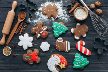 Festive Christmas Cookies and Baking Ingredients on Wooden Table