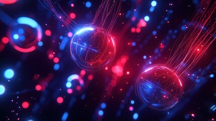 Obraz premium Abstract digital art with neon spheres and streaming lights, symbolizing data flow and connectivity.