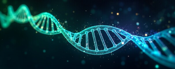 Obraz premium DNA double helix structure abstract background. Sustainable science. Medical or science research. Eco friendly technology. Gene molecule backdrop with copy space. Futuristic nanotechnology banner.