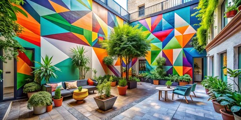 Fototapeta premium Vibrant Modern Courtyard of Truth and Lies with Geometric Mural and Lush Potted Plants in a Conceptual Photography Style