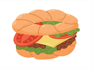 Traditional Turkish pastry, bagel sandwich with sesame seeds, simit with filling, herbs, tomatoes and cheese. Vector isolated flat food illustration, Mediterranean healthy breakfast.