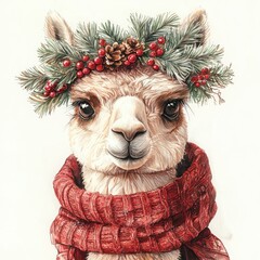 Cozy alpaca adorned with holiday garland showcasing detailed wool texture for festive cheer and warmth