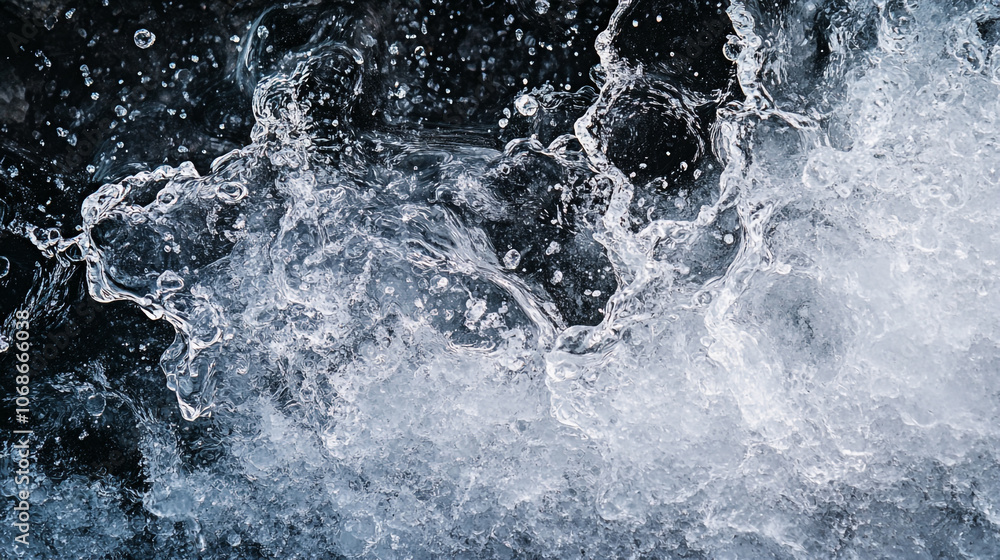 Poster dynamic water splashes create stunning patterns in a fast-flowing river during midday light