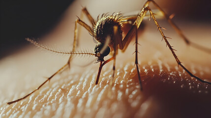 Close-up of a female mosquito landing on skin, illustrating the impact of mosquito-borne diseases    