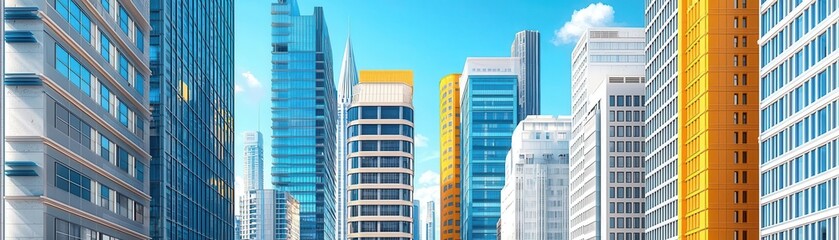 Obraz premium A vibrant skyline showcasing modern skyscrapers under a clear blue sky, symbolizing urban development and architectural innovation.