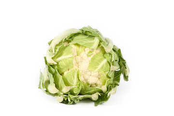 Fototapeta premium raw cauliflower with leaves isolated on white 
