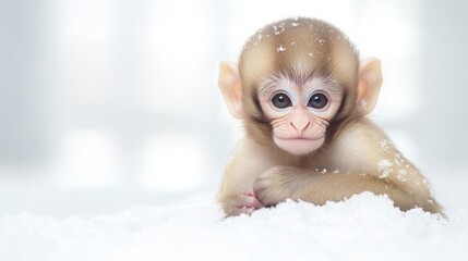 A cute baby monkey sits on snow, surrounded by a soft, snowy landscape, with a curious expression and large, expressive eyes.