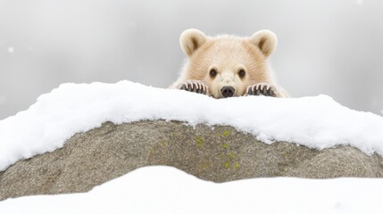 Fototapeta premium A curious bear peeks over a snowy rock, its fur contrasting against the white landscape, evoking a sense of winter wonder.