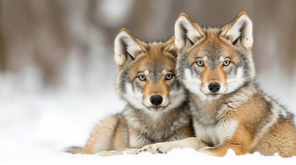 Obraz premium Two coyotes resting together on snow, showcasing their distinct features and alert expressions, set against a blurred background of winter woods.