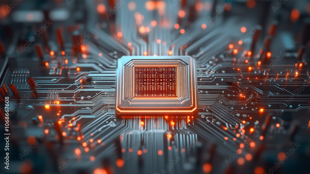 Poster a detailed close-up of a microchip on a glowing circuit board, showcasing intricate lines and illumi