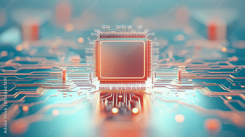Poster a close-up view of a microchip on a circuit board, illustrating advanced technology and intricate el
