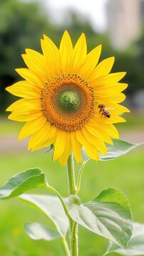 A vibrant sunflower in full bloom, showcasing its bright yellow petals and intricate center, attracting a busy bee.
