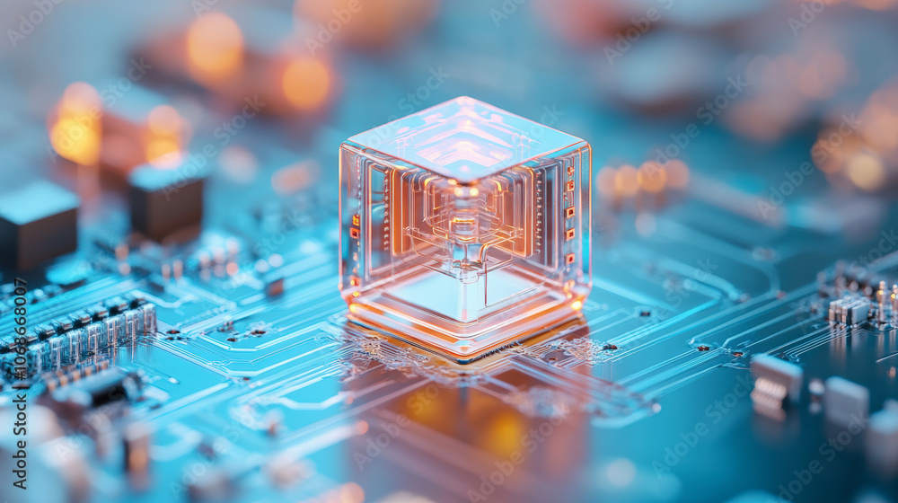 Poster a futuristic, glowing cube rests on a circuit board, symbolizing advanced technology and innovation 