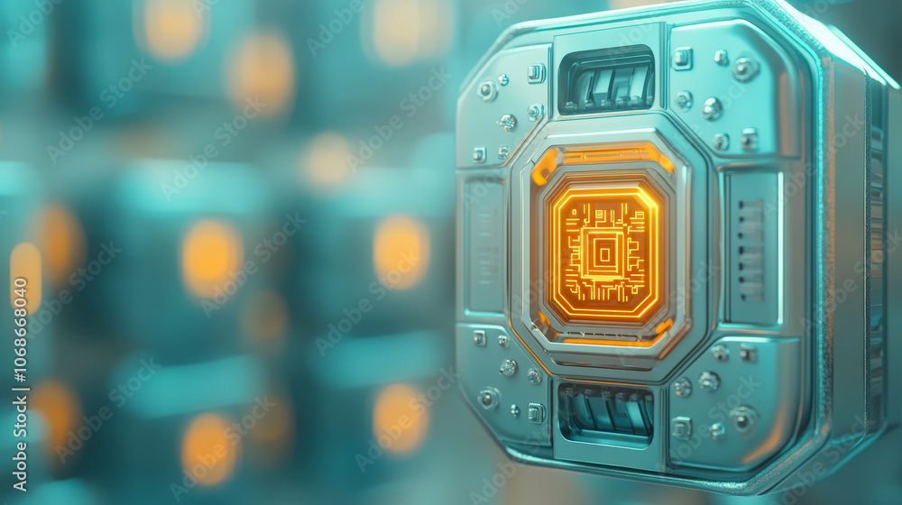 Poster futuristic digital interface with glowing orange circuitry, showcasing advanced technology. features