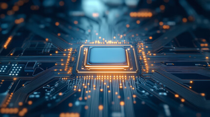 A close-up view of a computer microchip, intricately wired and illuminated, symbolizes advanced technology and computational power in a digital circuit landscape.