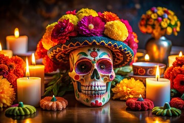 Fototapeta premium Vibrant Skull Figure for Día de los Muertos Celebrations - Colorful Traditional Attire, Mexican Culture, Event Promotion, Educational Materials, Festive Decorations, Cultural Heritage