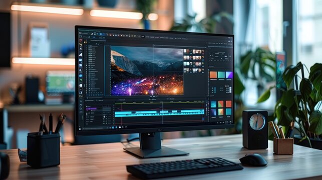 A modern minimalist workspace setup with a graphic tablet displaying design software. Color palettes and design tools surround the workspace, creativity and innovation in the digital design process.