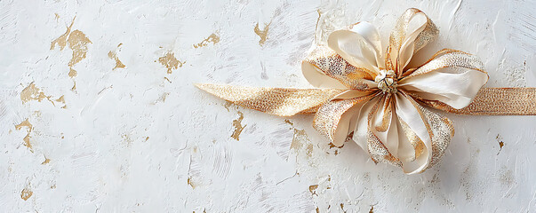 Gold Ribbon Bow on White Background