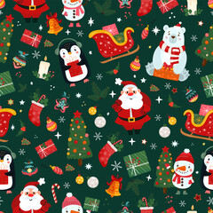 New Year, Christmas, holidays, Santa Claus, Snowman, Penguin, Christmas tree, seamless pattern