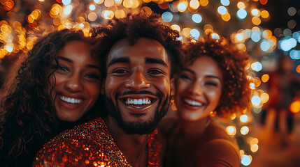 Joyful friends smiling together in festive setting with bright lights. Their expressions radiate happiness and connection, capturing moment of celebration and togetherness