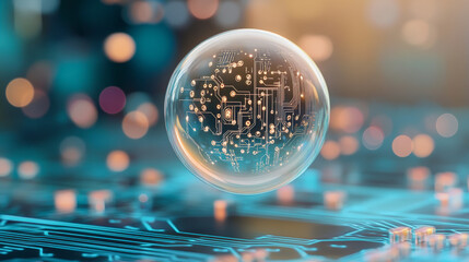 A transparent sphere encases a complex circuit board, hovering over a digital network, symbolizing advanced technology and innovation in a futuristic setting.