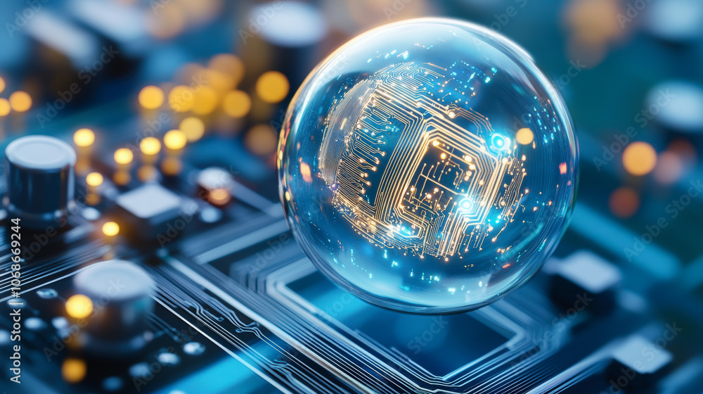 Poster a digital globe with glowing circuitry hovers above a computer motherboard, symbolizing advanced tec