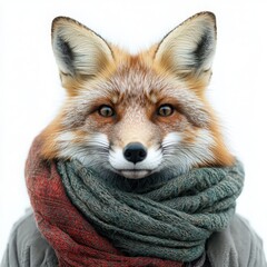 Obraz premium Charming fox in a red and green scarf with a playful gaze isolated in a captivating portrait